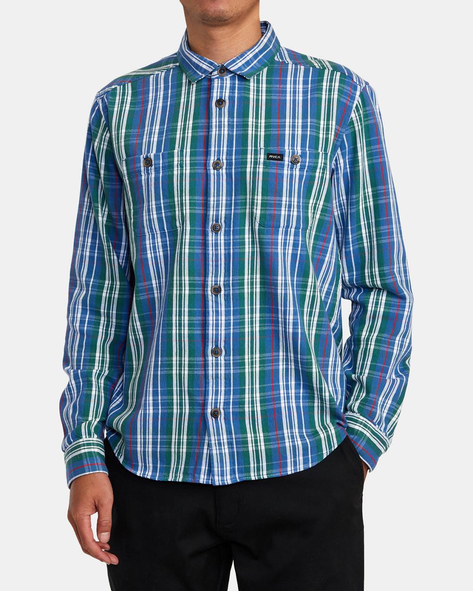 T shirts Rvca Coupled Flannel Long Sleeve Hombre Azules | ECOVG14062