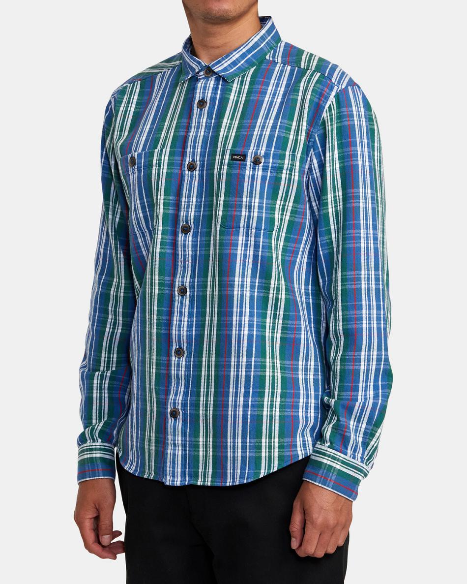 T shirts Rvca Coupled Flannel Long Sleeve Hombre Azules | ECOVG14062