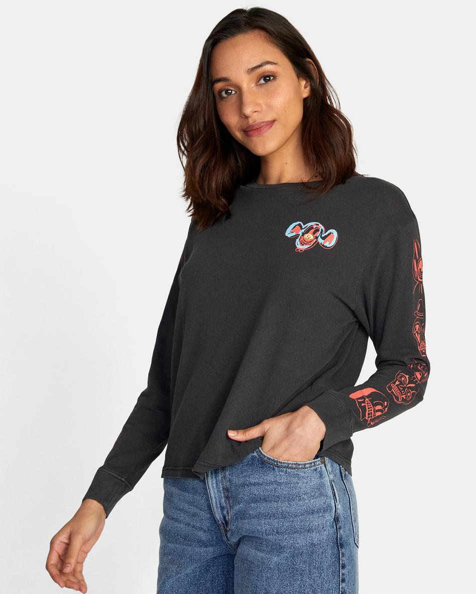 T shirts Rvca Dmote Gang Long Sleeve Mujer Negras | BCOSD13965