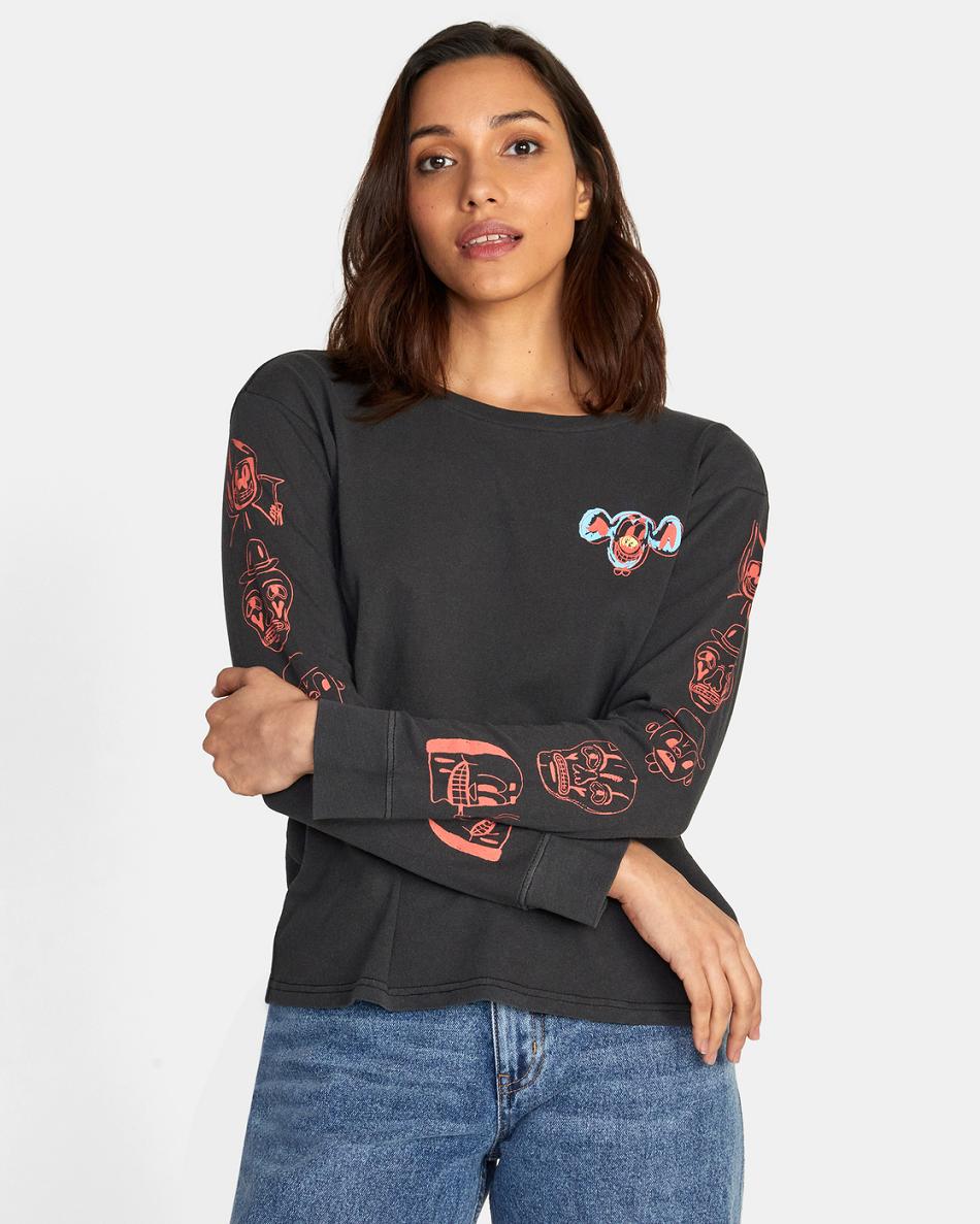 T shirts Rvca Dmote Gang Long Sleeve Mujer Negras | BCOSD13965