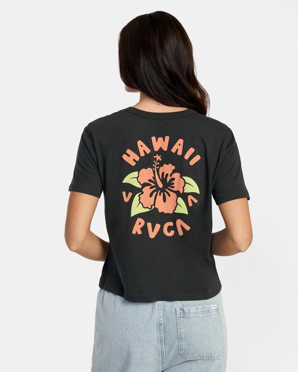 T shirts Rvca Hibiscus Hawaii Mujer Negras | COZPD14566