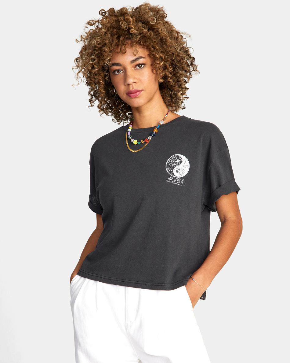 T shirts Rvca Mister Cartoon Yin Yang Estampadas Mujer Negras | SCONY60235