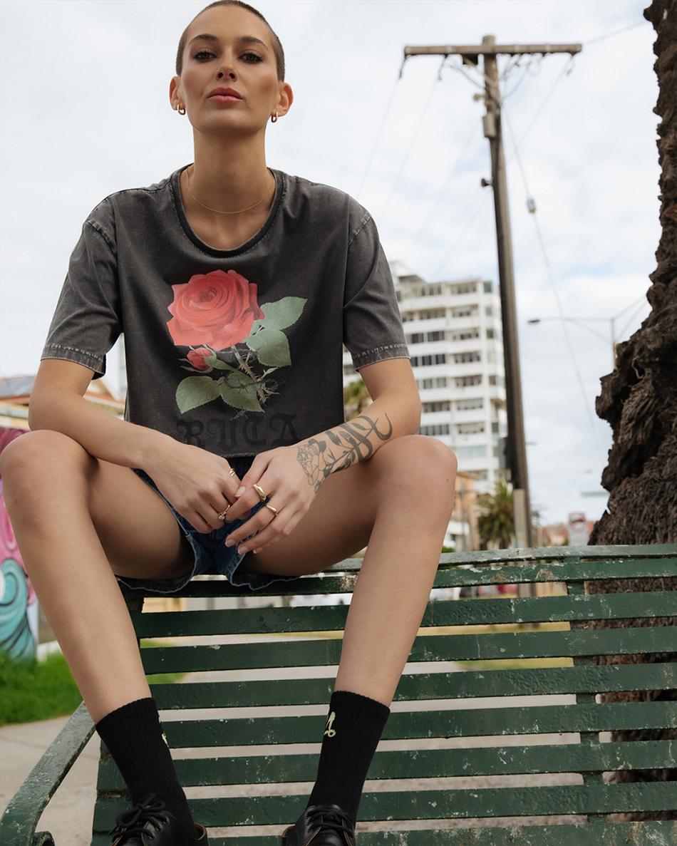 T shirts Rvca ROSES HALF RUMMAGE Mujer Negras | TCOWZ93672