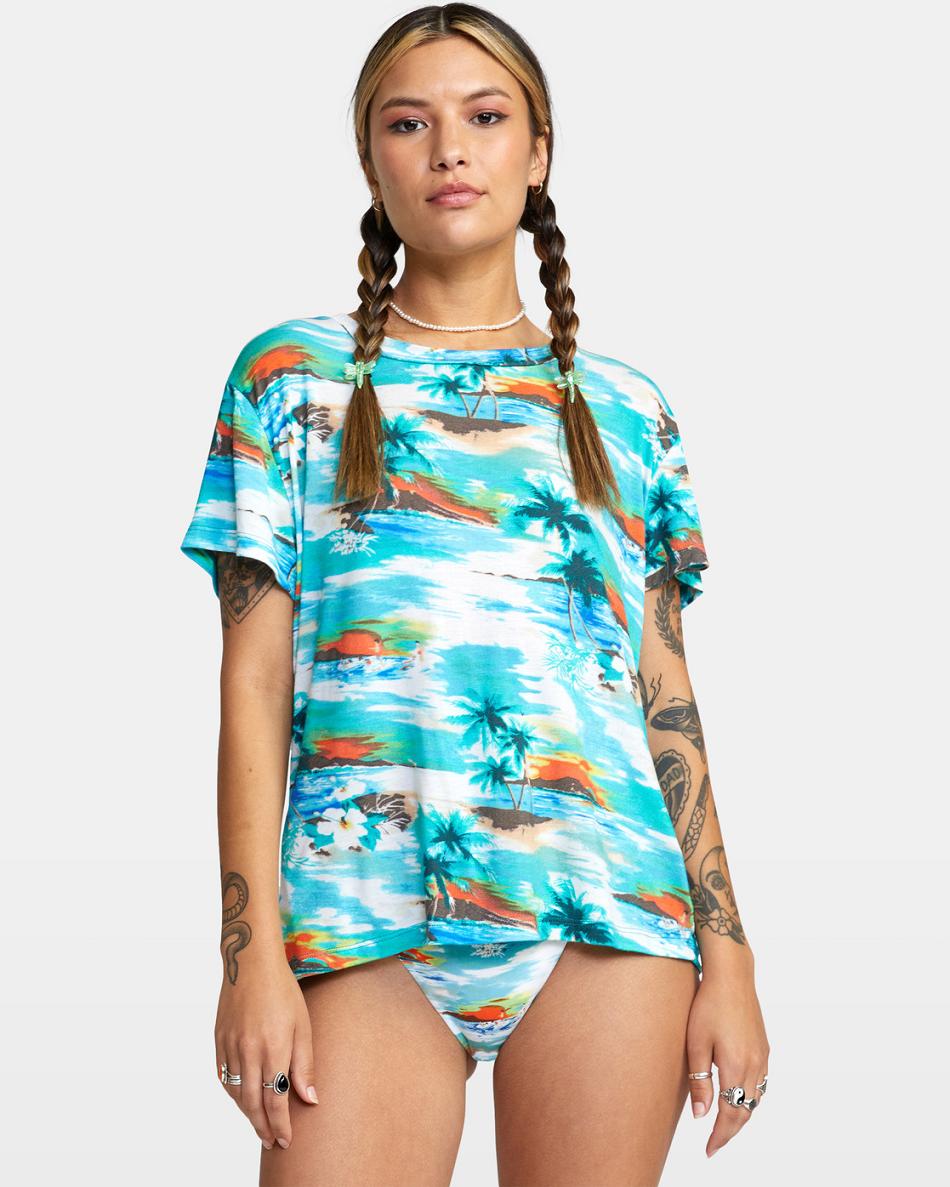 T shirts Rvca Recess 3 Crewneck Mujer Azules | COZDE18449